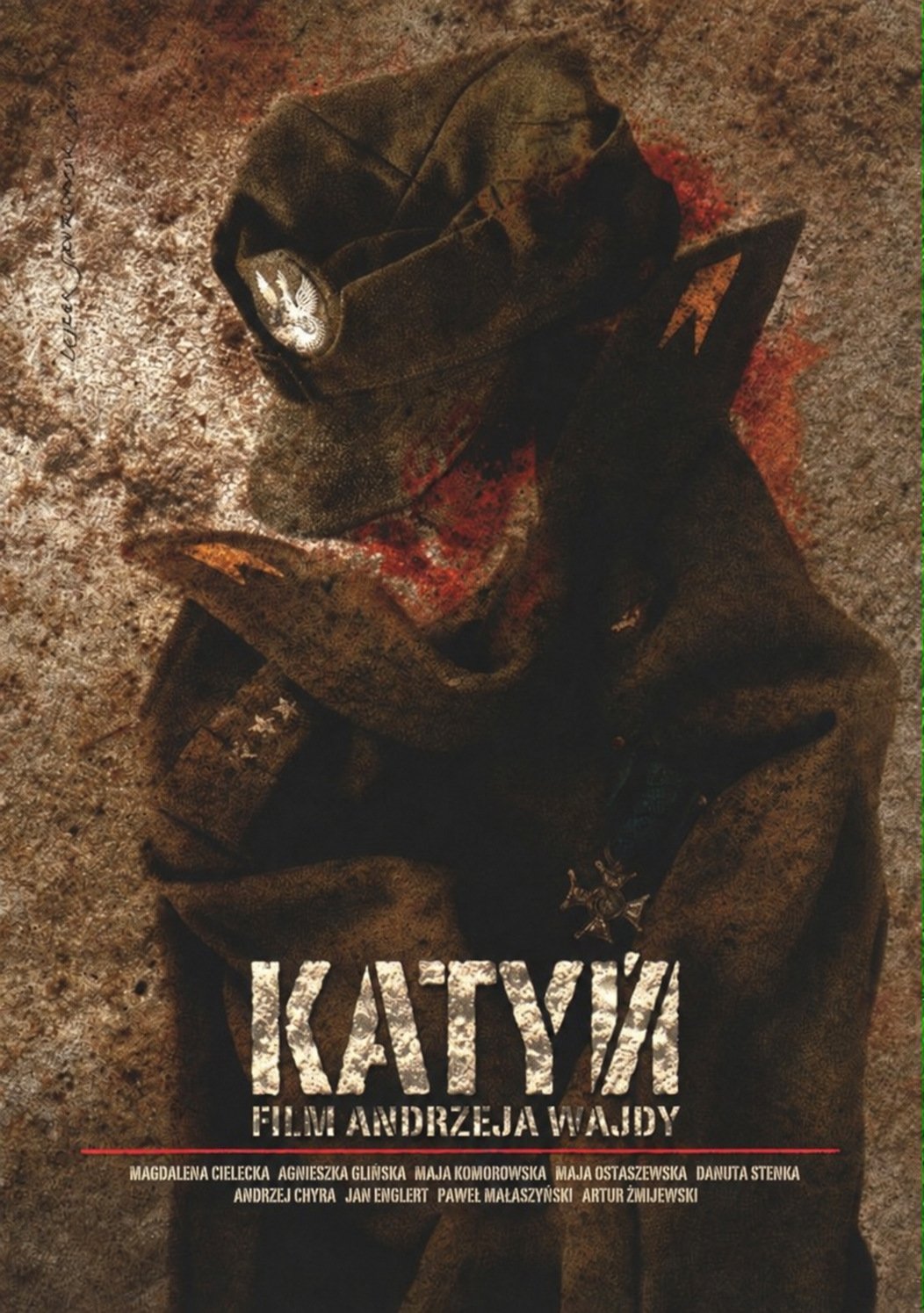 Official Katyń film poster showing a Polish military cap and uniform
