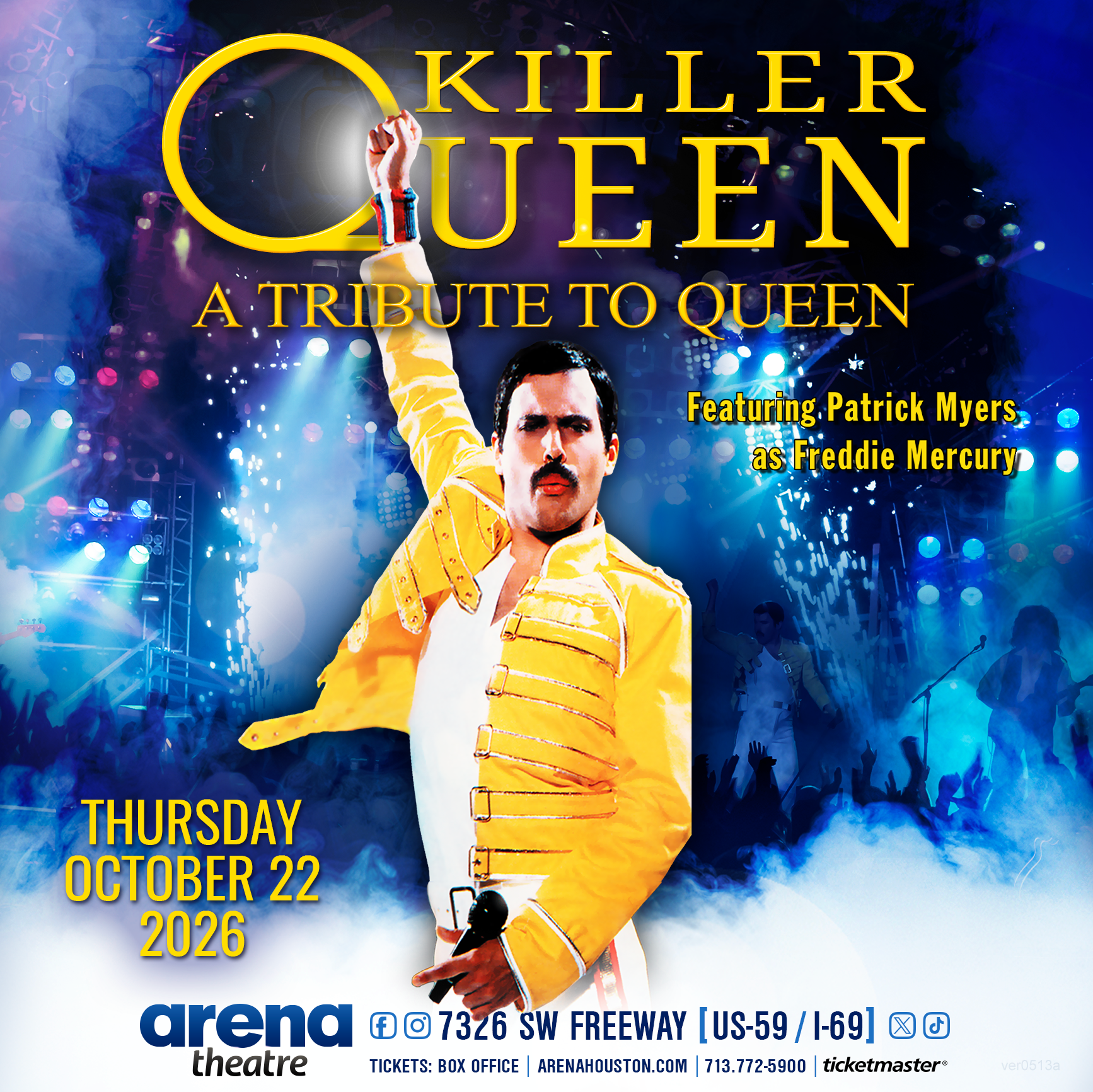 Official square promotional artwork for the Killer Queen tribute show at Arena Theatre.