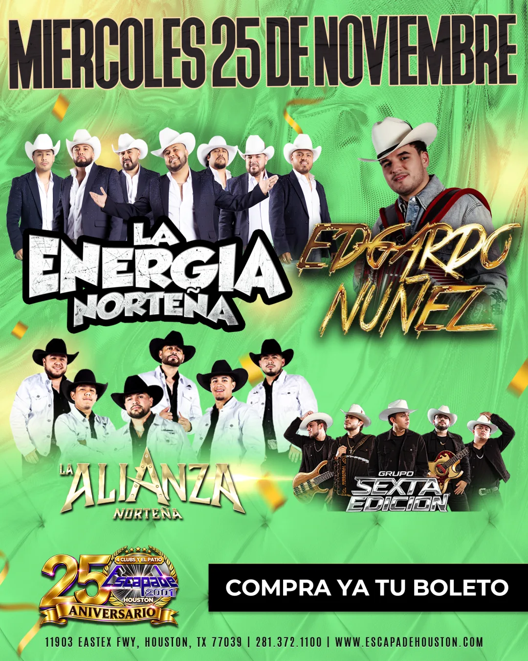 Arte oficial de boletos del show de La Energía Norteña en Escapade 2001 Houston.