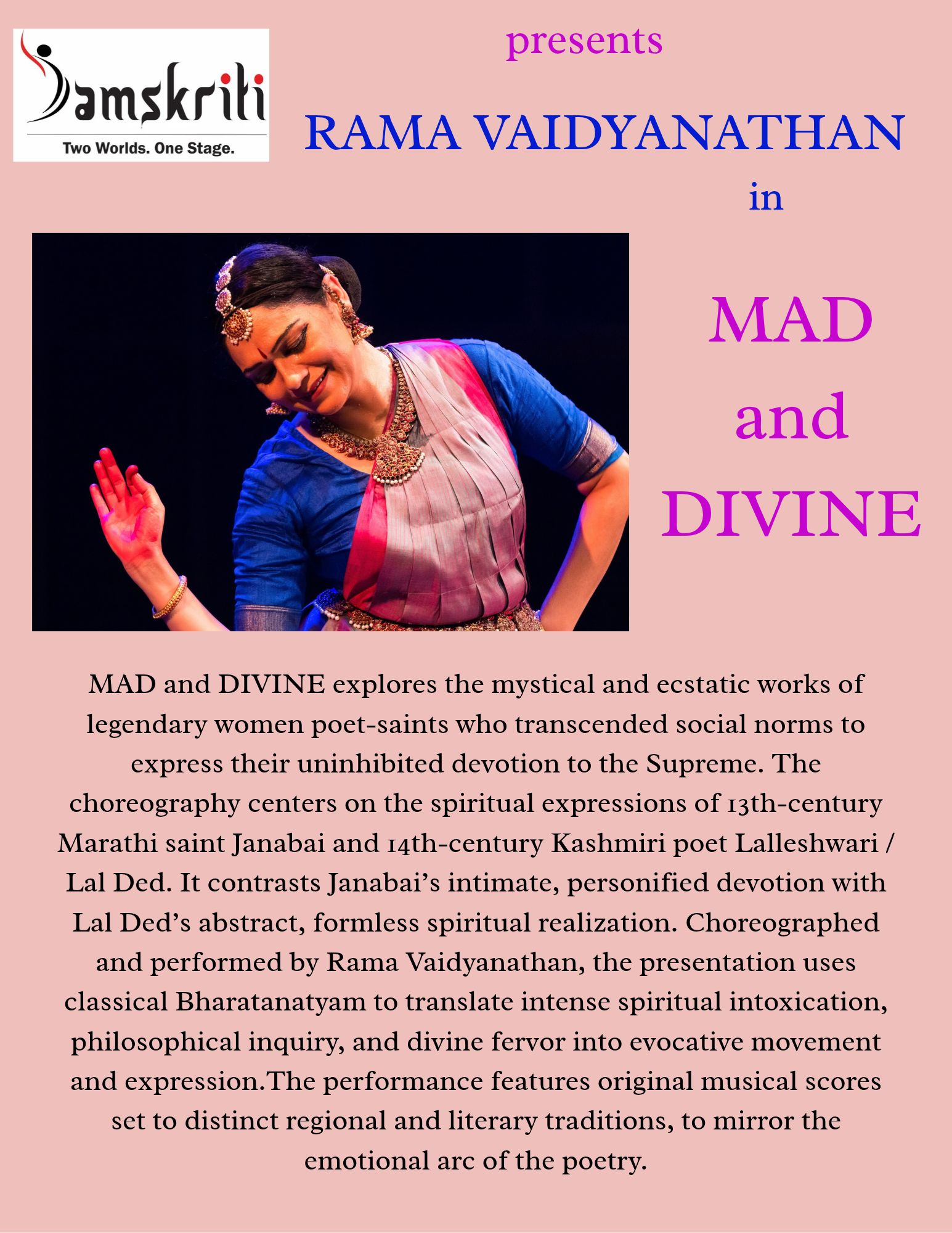 Official MAD and DIVINE artwork featuring Rama Vaidyanathan in a Bharatanatyam pose.