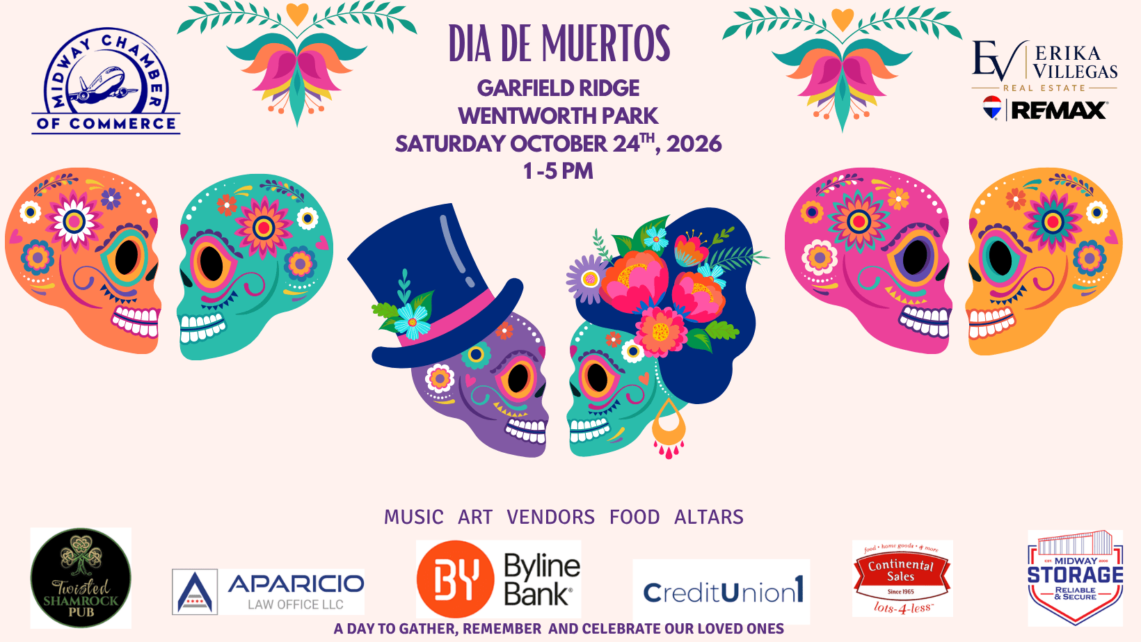 Official Midway Día de Muertos poster showing October 24, 2026, 1–5 PM at Wentworth Park.