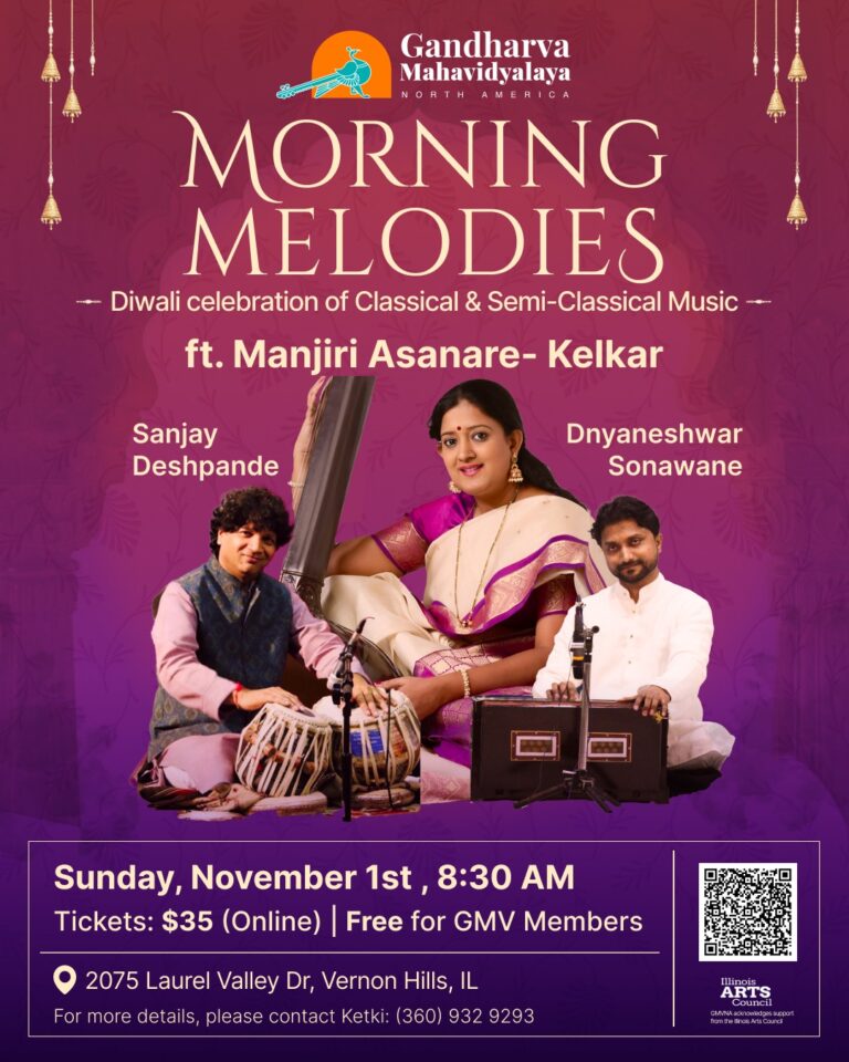 Official Morning Melodies Diwali poster naming Manjiri Asanare-Kelkar, Sanjay Deshpande and Dnyaneshwar Sonawane, with November 1 at 8:30 AM.