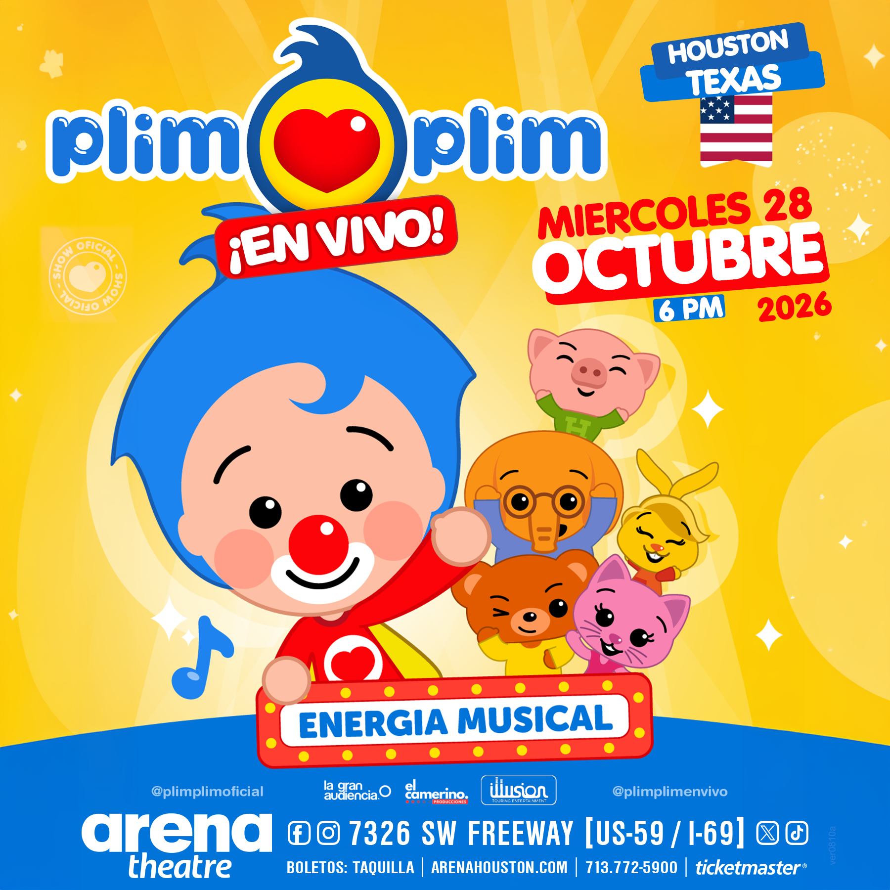 Official square promotional artwork for Plim Plim en Vivo: Tour Energía Musical at Arena Theatre.