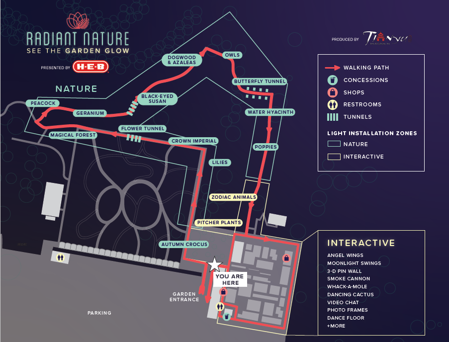 Official 2026–2027 Radiant Nature trail map showing the garden entrance and lantern zones