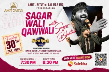 Official Sagar Wali Qawwali poster featuring Sagar Bhatia for October 30, 2026 at Hard Rock Live Northern Indiana in Gary; show 8:30 PM.