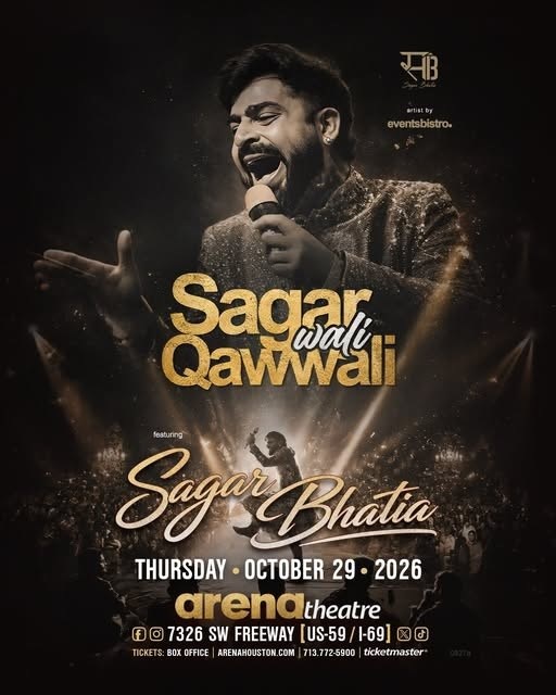 Official poster for Sagar Wali Qawwali — Sagar Bhatia in Houston, 2026-10-29.
