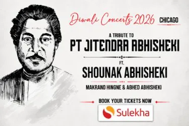 Chicago Diwali Concert 2026 poster honoring Pandit Jitendra Abhisheki and naming Shounak Abhisheki, Makarand Hingne and Abhed Abhisheki.