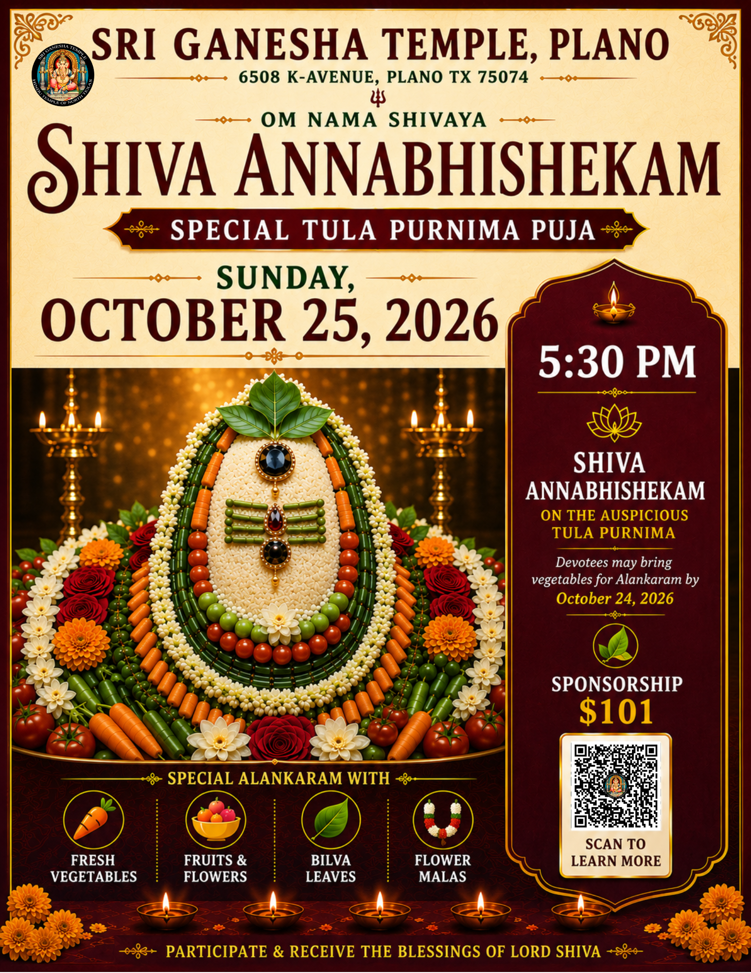 Official event flyer for the Special Tula Purnima Puja 2026 Shiva Annabhishekam, as uploaded to the temple website; its content is not described on the page.