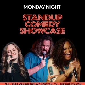 Official artwork for The Riot's Monday night standup comedy showcase.