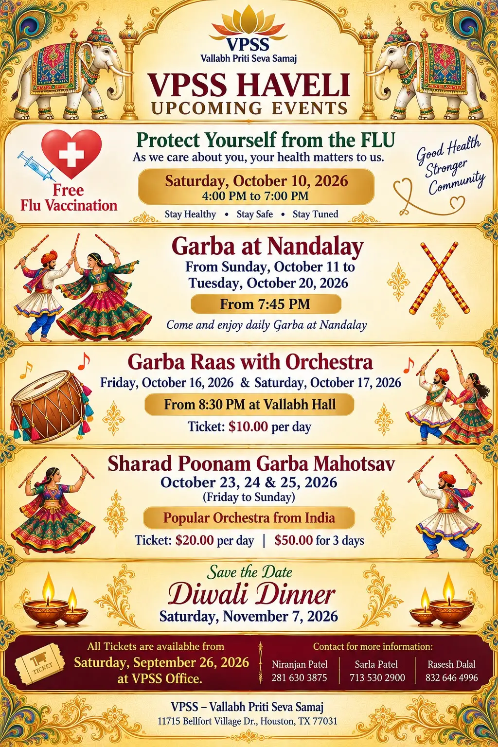Official artwork for the VPSS Haveli upcoming events listing, file named garba, from the Hindus of Greater Houston events page.