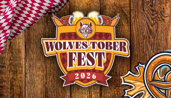 Official Wolves-toberfest 2026 artwork with the Wolves crest, pretzels and Bavarian pattern