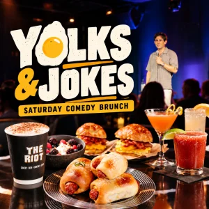 Official promotional artwork for the Yolks & Jokes Saturday comedy brunch at The Riot Houston.