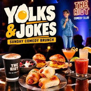 Official artwork for the Yolks & Jokes Sunday Brunch comedy show at The Riot.