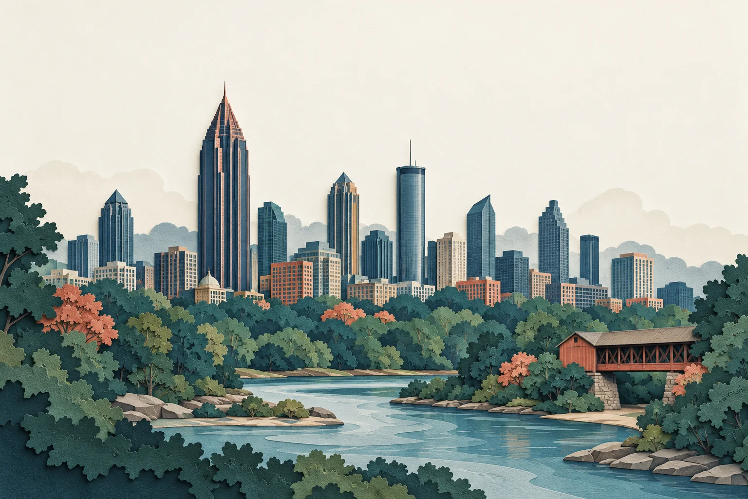 Paper-cut Atlanta skyline and surrounding communities.