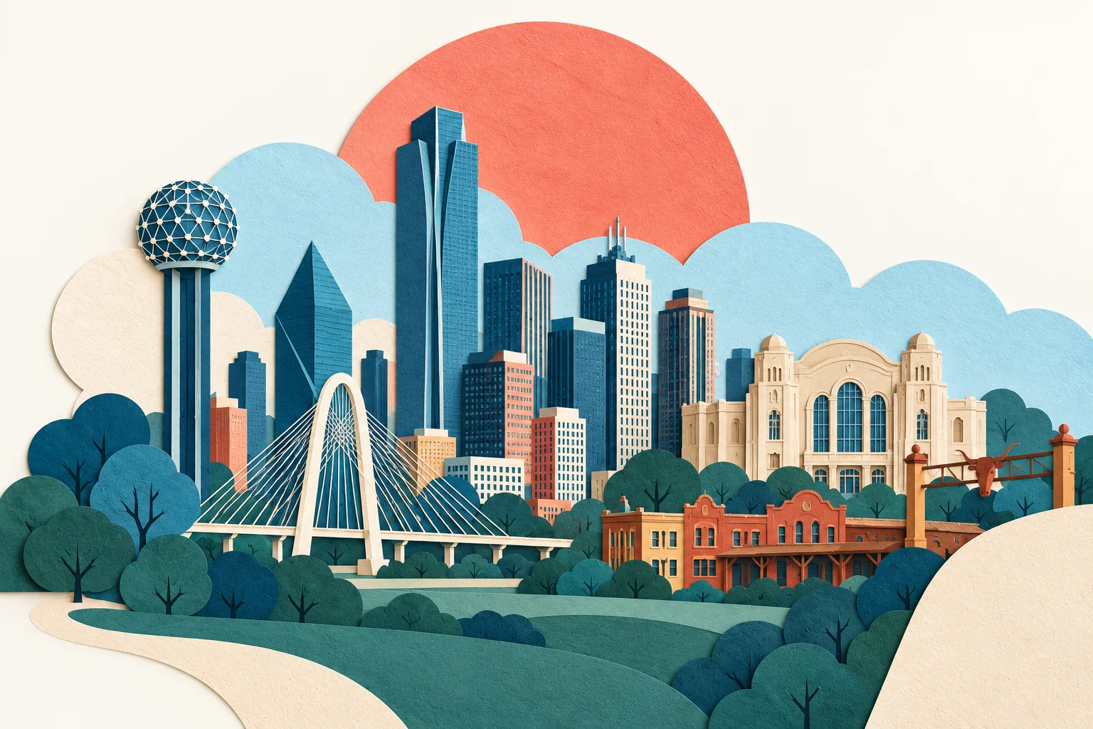 Paper-cut landmarks from Dallas and Fort Worth.