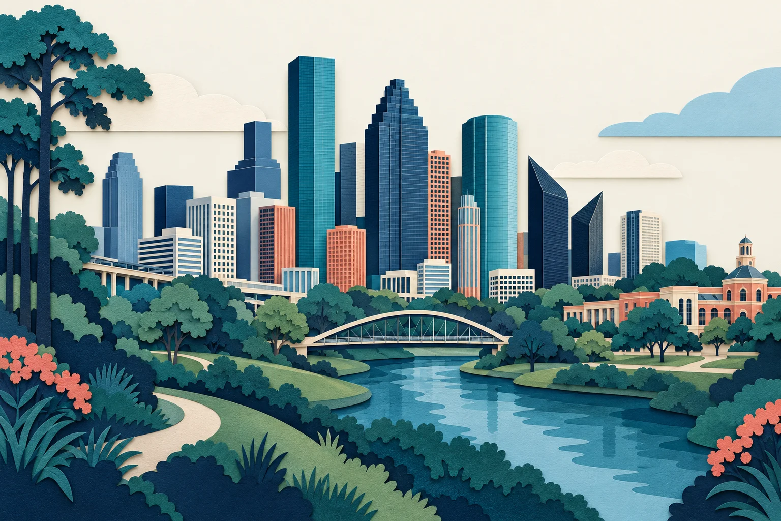 Paper-cut Houston skyline, bayou and surrounding communities.